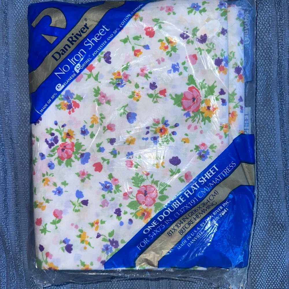 NOS Vintage Dan River No Iron One Double Flat Sheet Floral Made In USA